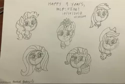 Size: 3810x2567 | Tagged: safe, artist:smurfettyblue, derpibooru import, applejack, fluttershy, pinkie pie, rainbow dash, rarity, twilight sparkle, pony, happy birthday mlp:fim, mane six, mlp fim's ninth anniversary, photo, traditional art