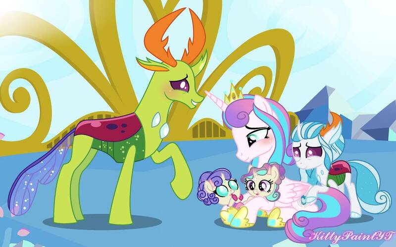 Size: 1132x706 | Tagged: artist:kittypaintyt, baby, base used, changedling, changeling, changepony, derpibooru import, family, female, filly, flurrax, hybrid, interspecies offspring, king thorax, male, oc, oc:deep love, oc:psychic, oc:variable love, offspring, older, older flurry heart, parent:princess flurry heart, parents:flurrax, parent:thorax, princess flurry heart, safe, shipping, straight, thorax