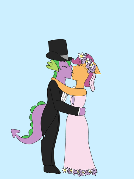 Size: 1536x2048 | Tagged: safe, artist:mintymelody, derpibooru import, scootaloo, spike, anthro, a canterlot wedding, clothes, female, flower filly, flower girl, flower girl dress, hat, kissing, male, marriage, scootaspike, shipping, straight, suit, top hat, tuxedo, waltz, wedding