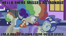Size: 636x357 | Tagged: safe, derpibooru import, edit, edited screencap, editor:undeadponysoldier, screencap, mayor mare, earth pony, pegasus, pony, luna eclipsed, afro, astronaut, caption, clothes, clown, clown makeup, clown nose, clown outfit, costume, female, filly, grammar error, image macro, killer klowns from outer space, mare, nightmare night, op has a point, red nose, scrunchy face, text