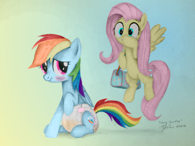 Size: 1280x960 | Tagged: questionable, artist:christian silvermoon, artist:millenniumf, derpibooru import, fluttershy, rainbow dash, pony, adult foal, blushing, colored, diaper, diaper bag, diaper fetish, fetish, messy diaper, peeing in diaper, pissing, poop, pooping, pooping in diaper, shocked, story in the source, traditional art, urine, wet diaper