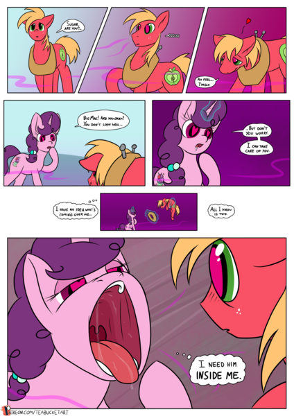 Size: 955x1350 | Tagged: suggestive, artist:teabucket, deleted from derpibooru, derpibooru import, big macintosh, sugar belle, earth pony, pony, unicorn, comic:poison apple, apple, bucket, cart, comic, cute, dialogue, drool, drool string, eating, esophagus, female, fetish, food, freckles, gullet, heart eyes, imminent vore, male, mare, mawshot, mucous, mucus, open mouth, oral invitation, patreon, patreon logo, pheromones, ponyville, salivating, shipping, slimy, stallion, straight, sugarbetes, sugarmac, tongue out, uvula, vorabelle, vore, willing vore, wingding eyes