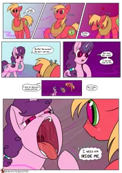 Size: 955x1350 | Tagged: suggestive, artist:teabucket, deleted from derpibooru, derpibooru import, big macintosh, sugar belle, earth pony, pony, unicorn, comic:poison apple, apple, bucket, cart, comic, cute, dialogue, drool, drool string, eating, esophagus, female, fetish, food, freckles, gullet, heart eyes, imminent vore, male, mare, mawshot, mucous, mucus, open mouth, oral invitation, patreon, patreon logo, pheromones, ponyville, salivating, shipping, slimy, stallion, straight, sugarbetes, sugarmac, tongue out, uvula, vorabelle, vore, willing vore, wingding eyes