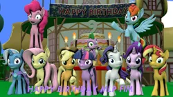 Size: 4675x2630 | Tagged: safe, artist:fazbearsparkle, derpibooru import, applejack, fluttershy, pinkie pie, rainbow dash, rarity, spike, starlight glimmer, sunset shimmer, trixie, twilight sparkle, twilight sparkle (alicorn), alicorn, dragon, earth pony, pegasus, pony, unicorn, 3d, anniversary, birthday, birthday cake, cake, food, happy birthday mlp:fim, mane six, mlp fim's ninth anniversary, ponyville, revamped ponies, source filmmaker, winged spike
