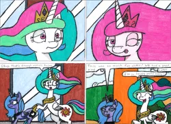 Size: 4254x3075 | Tagged: safe, artist:eternaljonathan, derpibooru import, princess celestia, princess luna, alicorn, pony, comic:first three back, princess molestia, comic, deviantart, mirror, royal sisters, traditional art, whinnyland