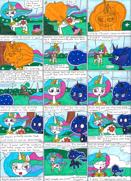 Size: 3208x4421 | Tagged: safe, artist:eternaljonathan, derpibooru import, alicorn, pony, comic:llama time, age regression, both cutie marks, comic, commission, curly mane, flower, mental shift, traditional art, transformation, wingless