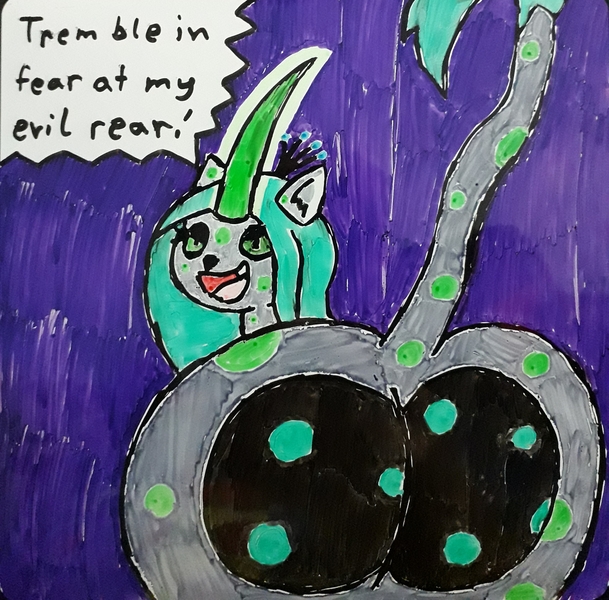 Size: 3072x3028 | Tagged: safe, artist:eternaljonathan, derpibooru import, queen chrysalis, unicorn, butt, gativerso, plot, traditional art, whiteboard