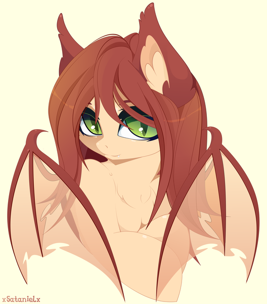 Size: 4400x5000 | Tagged: source needed, safe, artist:xsatanielx, derpibooru import, oc, oc:airi, unofficial characters only, bat pony, pony, bat pony oc, bat wings, bust, commission, female, mare, portrait, rcf community, slit eyes, wings