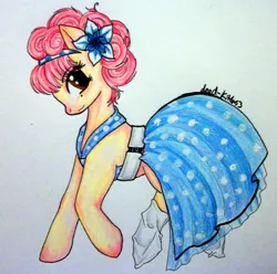 Size: 900x894 | Tagged: safe, artist:divinekitten, derpibooru import, oc, oc:sock hop, unofficial characters only, pony, belt, clothes, dress, female, flower, flower in hair, hornless unicorn, mare, simple background, socks, traditional art, white background, white socks