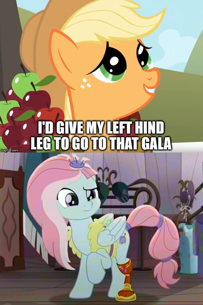 Size: 666x1000 | Tagged: safe, derpibooru import, edit, edited screencap, editor:awkward segway, screencap, applejack, kerfuffle, earth pony, pegasus, pony, rainbow roadtrip, the ticket master, amputee, apple, caption, dialogue, female, food, freckles, hat, image macro, looking up, mare, prosthetic leg, prosthetic limb, prosthetics, raised hoof, text