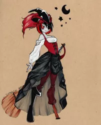 Size: 3398x4214 | Tagged: safe, artist:divinekitten, derpibooru import, oc, oc:jacky, unofficial characters only, anthro, amputee, boots, broom, clothes, eyepatch, female, hat, moon, pirate, red eyes, shoes, stars, sword, traditional art, weapon, witch, witch hat