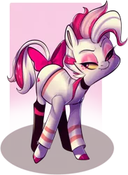 Size: 1280x1751 | Tagged: safe, artist:nursepuppo, derpibooru import, ponified, pony, angel dust, black socks, bow, clothes, colored hooves, crossover, effeminate earth pony stallion, fangs, femboy, freckles, hazbin hotel, leonine tail, male, simple background, socks, solo, stallion, tail bow, transparent background, trap
