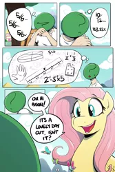 Size: 800x1200 | Tagged: safe, artist:shoutingisfun, derpibooru import, fluttershy, oc, oc:anon, butterfly, human, pegasus, pony, comic:one left, bench, comic, cute, dialogue, female, human male, male, mare, math, open mouth, question, shyabetes, sitting, smiling, speech bubble, thought bubble