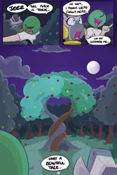 Size: 800x1200 | Tagged: safe, artist:shoutingisfun, derpibooru import, zecora, oc, oc:anon, human, pony, zebra, comic:one left, apple, apple tree, cloud, comic, dialogue, female, food, human male, intertwined trees, male, mare, moon, neck rings, night, open mouth, pear tree, pointing, speech bubble, surprised, tree, unamused