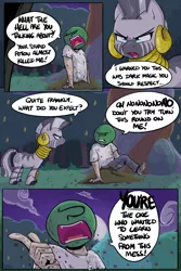 Size: 800x1200 | Tagged: safe, artist:shoutingisfun, derpibooru import, zecora, oc, oc:anon, human, pony, zebra, comic:one left, angry, apple, apple tree, comic, dialogue, dirty, ear piercing, earring, female, food, frown, human male, intertwined trees, jewelry, looking at each other, male, mare, mud, neck rings, night, open mouth, pear tree, piercing, pointing, question, screaming, speech bubble, tree