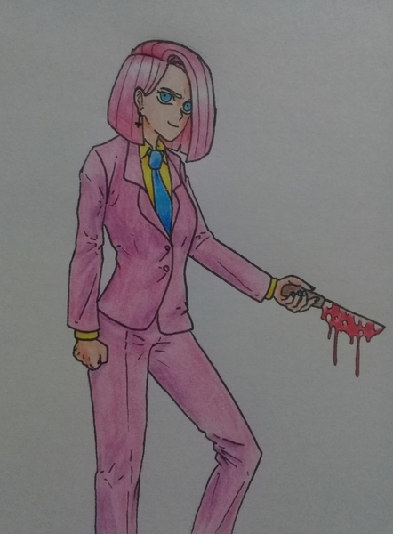 Size: 2250x3054 | Tagged: artist:public mistake, blood, clothes, derpibooru import, grin, human, humanized, knife, looking at you, necktie, pinkamena diane pie, pinkie pie, semi-grimdark, simple background, smiling, straight hair, suit, traditional art, white background