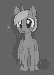 Size: 1188x1650 | Tagged: safe, artist:dusthiel, derpibooru import, princess luna, alicorn, pony, black background, cheek fluff, chest fluff, cute, ear fluff, female, grayscale, inktober, inktober 2019, leg fluff, lunabetes, mare, monochrome, open mouth, simple background, snow, solo, wing fluff, winter