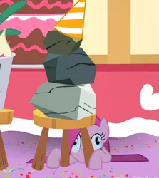 Size: 1624x1820 | Tagged: safe, composite screencap, derpibooru import, edit, edited screencap, screencap, mr. turnip, pinkie pie, rocky, earth pony, pony, party of one, bucket, cake, confetti, female, food, hat, mare, panorama, party hat, pinkamena diane pie, rock, stool, table, turnip