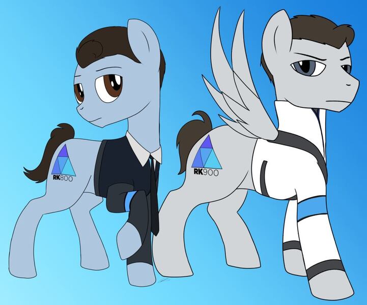 Size: 1000x832 | Tagged: safe, artist:wolftenpr0nz, derpibooru import, ponified, android, earth pony, pegasus, pony, robot, blue background, clothes, connor, cyberlife, detroit: become human, duo, gradient background, jacket, looking at you, male, nines, rk800, rk900, simple background, stallion, standing