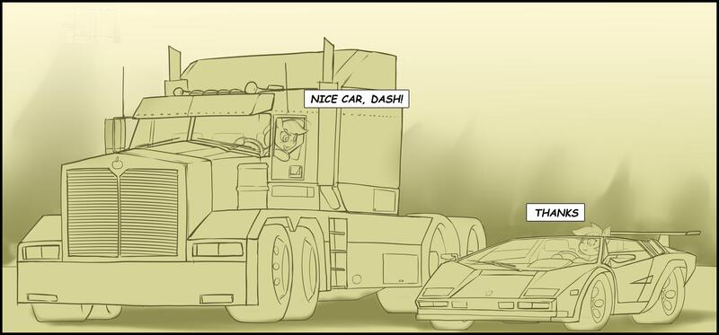 Size: 2143x1000 | Tagged: safe, artist:iloota, derpibooru import, applejack, rainbow dash, pony, airhorn, dialogue, driving, lamborghini countach, monochrome, not transformers, pop-up headlights, semi truck, simple background, targa top