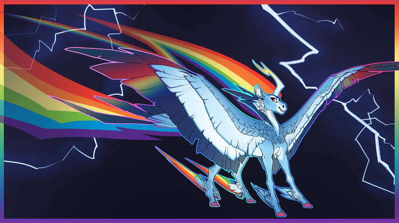 Size: 4116x2299 | Tagged: safe, alternate version, artist:turnipberry, deleted from derpibooru, derpibooru import, rainbow dash, alicorn, pony, alicornified, alternate universe, ascension, ascension au!, cheek feathers, colored hooves, colored wings, dark background, dewclaw, ethereal mane, female, horn, jagged horn, lightning, mare, multicolored wings, race swap, rainbow wings, rainbowcorn, redesign, simple background, solo, wings