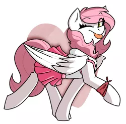 Size: 2602x2570 | Tagged: safe, artist:modularpon, deleted from derpibooru, derpibooru import, oc, oc:sugar morning, unofficial characters only, pegasus, pony, cape slice, clothes, cute, female, heart, hoodie, looking at you, mare, moe, ocbetes, one eye closed, pleated skirt, simple background, skirt, solo, tongue out, wink