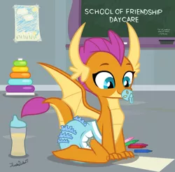 Size: 1475x1451 | Tagged: artist:thunderdasher07, crayons, cup, cute, daycare, derpibooru import, diaper, diaper fetish, dragon, fetish, frilly diaper, pacifier, poofy diaper, school of friendship, show accurate, show accurate porn, sippy cup, smolder, smolderbetes, suggestive