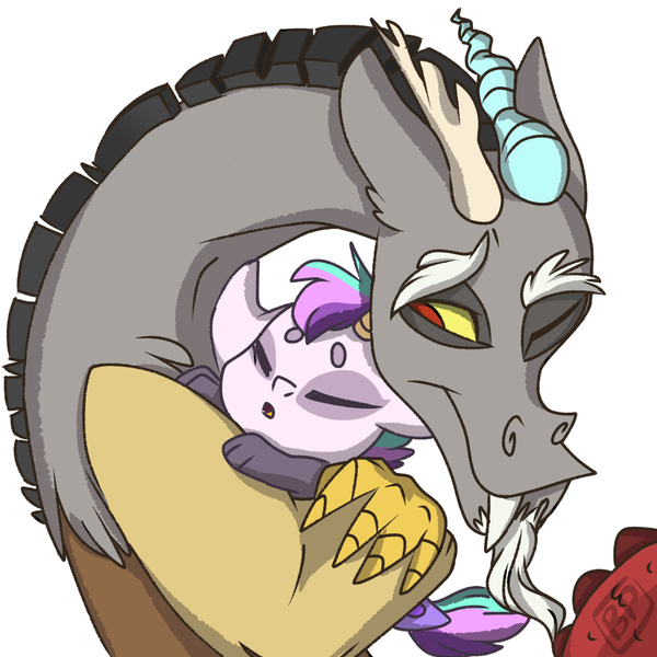 Size: 1000x1000 | Tagged: artist:glitterstar2000, derpibooru import, discord, draconequus, duo, father and child, father and daughter, female, hug, hybrid, interspecies offspring, male, oc, oc:nayade, offspring, one eye closed, parent:discord, parent:princess celestia, parents:dislestia, safe, simple background, white background