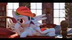 Size: 7600x4274 | Tagged: safe, artist:freasaloz, derpibooru import, rainbow dash, pegasus, pony, 3d, absurd resolution, bed, black bars, draw me like one of your french girls, female, lying down, mare, pillow, revamped ponies, solo, source filmmaker, wings