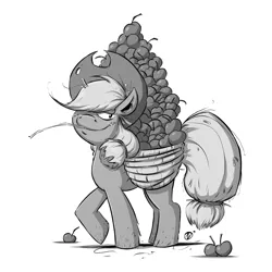 Size: 2000x2000 | Tagged: safe, artist:nekr0ns, derpibooru import, applejack, earth pony, pony, apple, apple basket, basket, female, food, grayscale, hair over one eye, looking at you, mare, messy hair, monochrome, raised hoof, simple background, smiling, smirk, solo, stipple, straw in mouth, white background