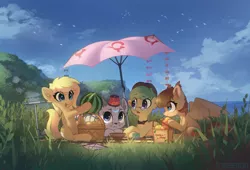 Size: 2500x1700 | Tagged: safe, artist:freeedon, derpibooru import, oc, oc:adeptus monitus, oc:lightly breeze, oc:lunette, oc:salem, unofficial characters only, bat pony, earth pony, food, kite, ocean, picnic, picnic blanket, scooter, tea, umbrella, watermelon