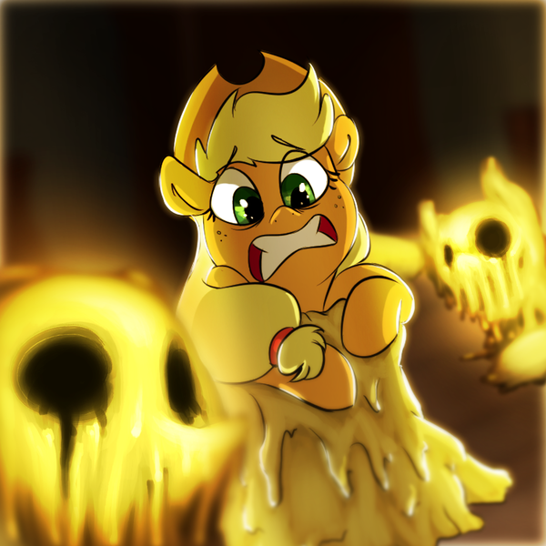 Size: 1000x1000 | Tagged: semi-grimdark, artist:xxmarkingxx, derpibooru import, applejack, earth pony, pony, bondage, candle, cowboy hat, encasement, female, hat, imminent death, mare, monster, stetson, sticky, wax