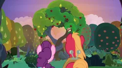 Size: 1920x1080 | Tagged: safe, derpibooru import, screencap, big macintosh, sugar belle, pony, the big mac question, apple, apple tree, food, intertwined trees, pear tree, tree