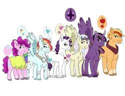 Size: 1497x1148 | Tagged: safe, artist:xsugarxwolfiex, derpibooru import, applejack, fluttershy, pinkie pie, rainbow dash, rarity, twilight sparkle, twilight sparkle (alicorn), alicorn, earth pony, pegasus, pony, unicorn, alternate design, alternate hairstyle, bandaid, clothes, cloven hooves, coat markings, cutie mark, female, floral head wreath, flower, goggles, image, line-up, mane six, mare, missing accessory, neckerchief, png, redesign, scar, shirt, simple background, size comparison, smiling, spread wings, straw in mouth, transparent background, twitterina design, unshorn fetlocks, wings