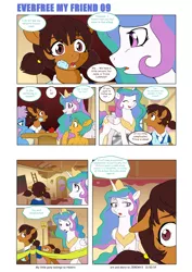 Size: 6197x8760 | Tagged: safe, artist:jeremy3, derpibooru import, princess celestia, oc, oc:miss becky, alicorn, earth pony, pegasus, pony, comic:everfree, comic:everfree my friend, absurd resolution, apple, bandage, cast, chalkboard, clothes, comic, drawing, food, school, school desk