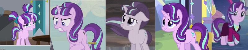 Size: 2464x499 | Tagged: safe, derpibooru import, edit, screencap, starlight glimmer, pony, unicorn, a horse shoe-in, rock solid friendship, the cutie re-mark, the last problem, age progression, alternate timeline, ashlands timeline, barren, clothes, cropped, crying, discovery family logo, equal cutie mark, eye shimmer, female, filly, filly starlight glimmer, floppy ears, frown, gritted teeth, headmare starlight, implied genocide, looking at you, older, older starlight glimmer, pigtails, post-apocalyptic, reformation, s5 starlight, sad, sad face, sadlight glimmer, smiling, suit, wasteland, windswept mane, worried, younger