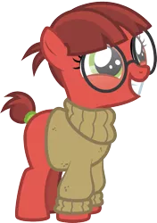 Size: 715x1018 | Tagged: safe, artist:lightning stripe, derpibooru import, oc, oc:little spot, unofficial characters only, earth pony, pony, clothes, cute, female, filly, foal, glasses, green eyes, grin, ocbetes, red coat, red hair, red mane, red tail, round glasses, show accurate, smiling, solo, sweater, tail band, tail bun, turtleneck