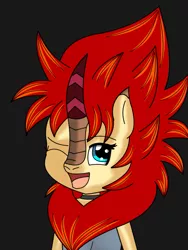 Size: 663x884 | Tagged: artist:blossomblaze, blue eyes, collar, cute, derpibooru import, digital art, female, horn, kirin, kirin oc, oc, oc:blossomblaze, orange hair, red hair, safe, sleveless shirt, unofficial characters only, young