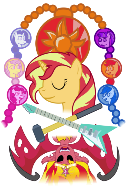 Size: 2505x3730 | Tagged: safe, artist:sketchmcreations, derpibooru import, applejack, fluttershy, pinkie pie, rainbow dash, rarity, sci-twi, sunset shimmer, twilight sparkle, ponified, pony, unicorn, equestria girls, electric guitar, empty eyes, eyes closed, female, geode of empathy, geode of fauna, geode of shielding, geode of sugar bombs, geode of super speed, geode of super strength, geode of telekinesis, guitar, hammer, happy birthday mlp:fim, magical geodes, mlp fim's ninth anniversary, musical instrument, open mouth, simple background, sledgehammer, sunset satan, transparent background, vector