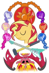 Size: 2505x3730 | Tagged: safe, artist:sketchmcreations, derpibooru import, applejack, fluttershy, pinkie pie, rainbow dash, rarity, sci-twi, sunset shimmer, twilight sparkle, ponified, pony, unicorn, equestria girls, electric guitar, empty eyes, eyes closed, female, geode of empathy, geode of fauna, geode of shielding, geode of sugar bombs, geode of super speed, geode of super strength, geode of telekinesis, guitar, hammer, happy birthday mlp:fim, magical geodes, mlp fim's ninth anniversary, musical instrument, open mouth, simple background, sledgehammer, sunset satan, transparent background, vector