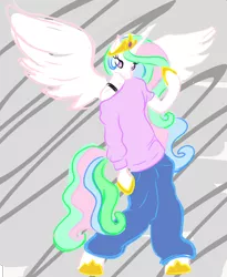 Size: 2531x3090 | Tagged: abstract background, alicorn, anthro, artist:drunken bubblez, bra, bra strap, clothes, derpibooru import, female, looking at you, princess celestia, safe, semi-anthro, solo, spread wings, underwear, unguligrade anthro, wings