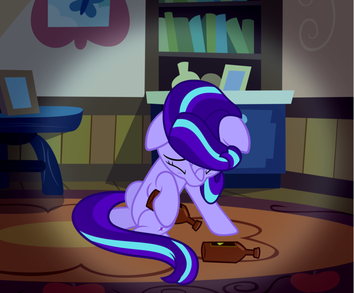 Size: 2701x2236 | Tagged: safe, artist:slb94, derpibooru import, starlight glimmer, pony, unicorn, alcohol, alcoholism, beer, eyes closed, female, looking down, mare, sad