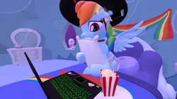 Size: 3840x2160 | Tagged: 3d, 4k, artist:mrdoctorderpy, bed, bone, clothes, collar, computer, costume, derpibooru import, diaper, diaper fetish, fake blood, fetish, food, knife, laptop computer, nightmare night costume, pillow, popcorn, rainbow dash, skeleton, source filmmaker, suggestive