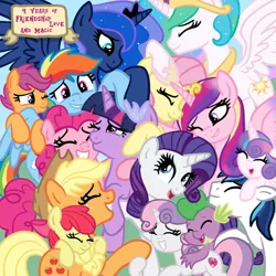 Size: 2100x2100 | Tagged: safe, artist:sjart117, derpibooru import, apple bloom, applejack, fluttershy, pinkie pie, princess cadance, princess celestia, princess flurry heart, princess luna, rainbow dash, rarity, scootaloo, shining armor, spike, sweetie belle, twilight sparkle, alicorn, dragon, earth pony, pegasus, pony, unicorn, applejack's hat, cowboy hat, crying, cutie mark crusaders, end of an era, end of ponies, eyes closed, female, filly, foal, freckles, grass, grin, group, group hug, group shot, happy, happy birthday mlp:fim, hat, hoof hold, hug, jewelry, male, mane six, mare, mlp fim's ninth anniversary, raised hoof, regalia, sky, smiling, spread wings, stallion, wings