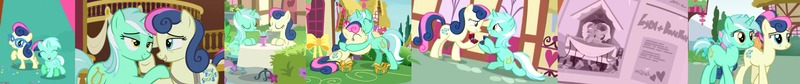 Size: 4763x499 | Tagged: safe, derpibooru import, edit, screencap, aquamarine, bon bon, first base, lyra heartstrings, spike, sweetie drops, dragon, earth pony, pony, unicorn, dragon dropped, pinkie pride, slice of life (episode), the big mac question, the break up breakdown, the last problem, adorabon, age progression, background characters doing background things, background pony, bedroom eyes, best friends, canon ship, couple, cropped, cute, cutie mark, daaaaaaaaaaaw, dancing, do ships need sails, drinking, duo, duo focus, engagement ring, eyes closed, female, filly, filly lyra, filly sweetie drops, friendship, glasses, grin, happy, holding hooves, hooves on the table, hug, it finally happened, it happened, jewelry, larson you magnificent bastard, lesbian, lidded eyes, looking at each other, lyrabetes, lyrabon, m.a. larson, mare, marriage, marriage proposal, milkshake, newspaper, offscreen character, older aquamarine, older bon bon, older first base, older lyra heartstrings, out of context, ponies standing next to each other, ponytail, raised hoof, raised leg, ring, rope, sharing a drink, shipping, smiling, table, twisted bon bon, walls of comments, weapons-grade cute, wedding ring, winged spike, written equestrian, younger