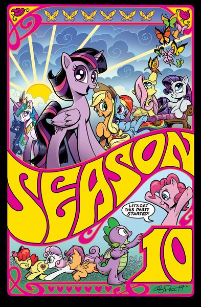 Size: 1239x1894 | Tagged: safe, artist:andypriceart, derpibooru import, idw, apple bloom, applejack, fluttershy, pinkie pie, princess celestia, princess luna, rainbow dash, rarity, scootaloo, spike, sweetie belle, twilight sparkle, twilight sparkle (alicorn), alicorn, butterfly, dragon, earth pony, pegasus, pony, unicorn, spoiler:comic89, spoiler:comicseason10, armpits, bow, cover, cowboy hat, cutie mark crusaders, female, filly, hair bow, hat, male, mane seven, mane six, mare, not the end of g4, season 10, the ride never ends, the ride's not over after all, winged spike