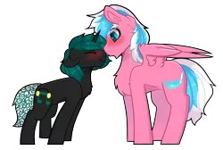 Size: 3500x2345 | Tagged: safe, artist:sailor, deleted from derpibooru, derpibooru import, oc, oc:chasing dawn, oc:whirlytail, unofficial characters only, pegasus, pony, unicorn, blushing, boop, cute, gay, male, nose wrinkle, noseboop, size difference, stallion, surprised