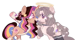 Size: 1280x698 | Tagged: safe, artist:moon-rose-rosie, derpibooru import, oc, oc:melanie, oc:valentina misfortune, unofficial characters only, pegasus, pony, unicorn, chest fluff, collar, ear fluff, female, flower, flower in hair, hair over one eye, halo, mare, multicolored hair, one hoof raised, simple background, stars, transparent background