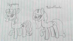 Size: 4032x2268 | Tagged: safe, artist:rainbow dash is best pony, derpibooru import, oc, oc:curse word, oc:magpie, unofficial characters only, pony, unicorn, glasses, lined paper, magpiepony, pencil drawing, thelostnarrator, traditional art