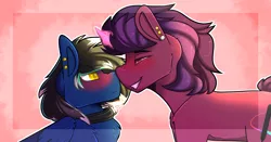 Size: 6171x3224 | Tagged: suggestive, artist:sailor, deleted from derpibooru, derpibooru import, oc, oc:livewire, oc:rubellite, pegasus, pony, unicorn, bdsm, blushing, collar, gay, magic, male, piercing, rule 63, stallion